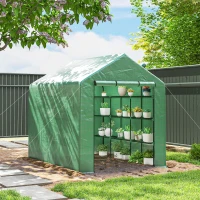 Outsunny Outdoor Walk-in Greenhouse with Roll-up Zipper Door, 18 Shelves, PE Cover, 95.25" x 70.75" x 82.75", Green(m-10)