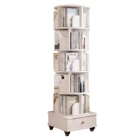 Rotating Bookshelf with Drawer and 360-Degree Display, Wood Narrow Book Shelf Organizer for Small Spaces, 18" L x 18" W x 69" H, White(m-2)