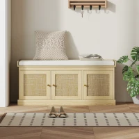 HOMCOM Shoe Storage Bench with Woven Rattan Doors, Shoe Bench with Cushion, Adjustable Shelves, Entryway Bench, Oak Tone(m-8)