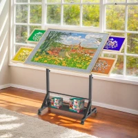 Wooden 1500 Piece Puzzle Table with Drawer, Adjustable Height, Rolling Puzzle Table with Wheels, 35" L x 27" W x 37.5" H, Black+Natural(m-9)