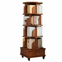 5-Tier Corner Bookcase for Small Spaces, 360-Degree Rotating Display Bookshelf with Drawer, 18" L x 18" W x 57" H, Walnut Brown(m-2)