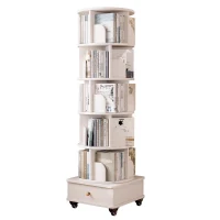 Rotating Bookshelf with Drawer and 360-Degree Display, Wood Narrow Book Shelf Organizer for Small Spaces, 18" L x 18" W x 69" H, White(m-8)