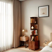 5-Tier 360-Degree Rotating Corner Bookshelf with Drawer, Wood Book Shelf Organizer for Bedroom, Living Room, 18" L x 18" W x 70" H, Walnut Brown(m-7)