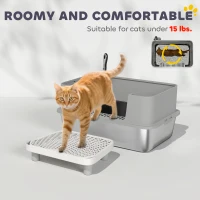 PawHut Stainless Steel Litter Box with High Sides, Metal Cat Litter Box with Scoop, Pedal, Anti-Urine Leakage, Non-Sticky(m-7)