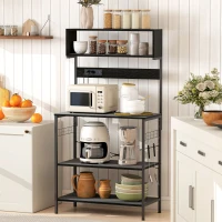 HOMCOM Baker's Rack with Charing Station, Microwave Shelf with Power Outlet, USB Charger and 5 Hooks, Black(m-1)