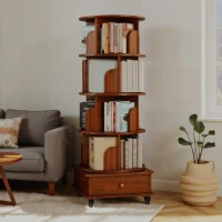 5-Tier Corner Bookcase for Small Spaces, 360-Degree Rotating Display Bookshelf with Drawer, 18" L x 18" W x 57" H, Walnut Brown(m-6)