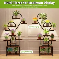 Heart-Shaped Indoor Plant Stand with Grow Lights, S-Shaped Rack for Home and Patio, 35.5″ L x 10″ W x 65″ H, Black+Dark Walnut(m-4)