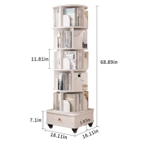 Rotating Bookshelf with Drawer and 360-Degree Display, Wood Narrow Book Shelf Organizer for Small Spaces, 18" L x 18" W x 69" H, White(m-3)