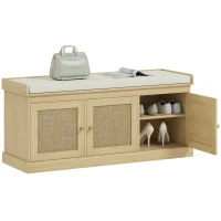 HOMCOM Shoe Storage Bench with Woven Rattan Doors, Shoe Bench with Cushion, Adjustable Shelves, Entryway Bench, Oak Tone(m-11)
