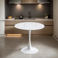 Marble Texture Round Dining Table with MDF Top and Steel Base, Easy to Install and Clean, 23.5" L x 20" W x 29" H, White Marble(m-6)