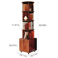 5-Tier 360-Degree Rotating Corner Bookshelf with Drawer, Wood Book Shelf Organizer for Bedroom, Living Room, 18" L x 18" W x 70" H, Walnut Brown(m-3)