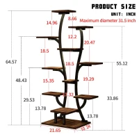 Indoor Plant Stand with Adjustable Grow Lights, Metal Vase-Shaped Plant Holder for Patio, 21.5″ L x 10″ W x 64.5″ H, Black+Dark Walnut(m-3)