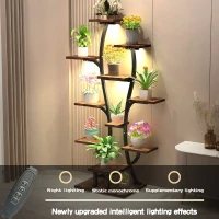 Indoor Plant Stand with Adjustable Grow Lights, Metal Vase-Shaped Plant Holder for Patio, 21.5″ L x 10″ W x 64.5″ H, Black+Dark Walnut(m-7)