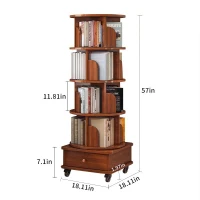 5-Tier Corner Bookcase for Small Spaces, 360-Degree Rotating Display Bookshelf with Drawer, 18" L x 18" W x 57" H, Walnut Brown(m-3)