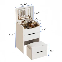 3-in-1 Vanity Desk with Flip Top Mirror, Compact Makeup Vanity Set with Visible Glass Desktop, Cushioned Stool, 23.5" L x 16" W x 31.5" H, White(m-3)