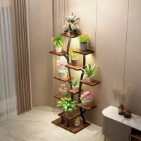 Indoor Plant Stand with Adjustable Grow Lights, Metal Vase-Shaped Plant Holder for Patio, 21.5″ L x 10″ W x 64.5″ H, Black+Dark Walnut(m-10)