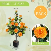 36" Faux Camellia Plant in Pot with Orange Flowers, Artificial Camellia Tree 2-Pack for home or office decor, 26.5" L x 6" W x 36" H, Black+Orange(m-3)