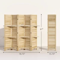 HOMCOM 5 Panel 67" Tall Wood Privacy Screen Room Divider with 3 Shelves and Folding Storage for Bedroom, Natural Wood(m-3)