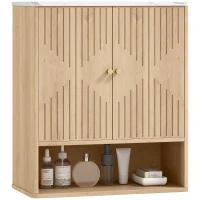 HOMCOM Bathroom Wall Cabinet, Wall-Mounted Medicine Cabinet with Adjustable Shelf, Open Shelf and Marble Effect Top, Oak(m-11)