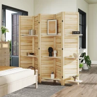 HOMCOM 5 Panel 67" Tall Wood Privacy Screen Room Divider with 3 Shelves and Folding Storage for Bedroom, Natural Wood(m-8)