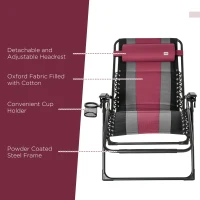 Outsunny XL Oversize Zero Gravity Recliner, Padded Patio Lounger Chair, Folding Chair with Adjustable Backrest, Cup Holder, and Headrest for Backyard, Poolside, Lawn, Striped, Wine Red(m-5)