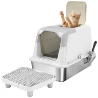 PawHut Extra Large Stainless Steel Litter Box, Enclosed Cat Litter Box with Scoop, Deodorizer Bag, Sand Drop Pedal(m-11)