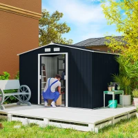 Outsunny 9' x 6' Outdoor Storage Shed, Garden Tool Metal Shed with Foundation Kit, Double Lockable Door, Air Vents and Sloping Roof, for Backyard, Patio, Lawn, Dark Gray(m-2)