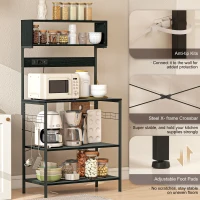 HOMCOM Baker's Rack with Charing Station, Microwave Shelf with Power Outlet, USB Charger and 5 Hooks, Black(m-7)