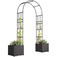 Outsunny 8ft Garden Arch with Two Planters Outdoor Steel Trellis Arbor for Climbing Plants, Weddings, Party, Brown, Black(m-2)