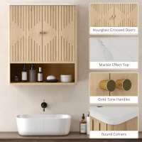 HOMCOM Bathroom Wall Cabinet, Wall-Mounted Medicine Cabinet with Adjustable Shelf, Open Shelf and Marble Effect Top, Oak(m-6)