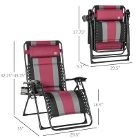 Outsunny XL Oversize Zero Gravity Recliner, Padded Patio Lounger Chair, Folding Chair with Adjustable Backrest, Cup Holder, and Headrest for Backyard, Poolside, Lawn, Striped, Wine Red(m-3)