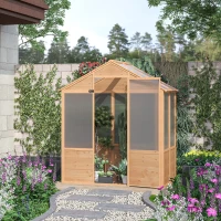 Outsunny 6' x 4' x 7' Polycarbonate Greenhouse, Walk-in Hot House Kit, Hobby Greenhouse with Lockable Door, Level 5 Wind Resistant Wooden Frame, Natural Wood(m-10)