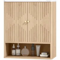 HOMCOM Bathroom Wall Cabinet, Wall-Mounted Medicine Cabinet with Adjustable Shelf, Open Shelf and Marble Effect Top, Oak(m-2)