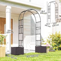 Outsunny 8ft Garden Arch with Two Planters Outdoor Steel Trellis Arbor for Climbing Plants, Weddings, Party, Brown, Black(m-3)