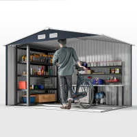 Outsunny 9' x 6' Outdoor Storage Shed, Garden Tool Metal Shed with Foundation Kit, Double Lockable Door, Air Vents and Sloping Roof, for Backyard, Patio, Lawn, Dark Gray(m-9)