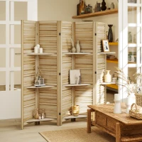 HOMCOM 5 Panel 67" Tall Wood Privacy Screen Room Divider with 3 Shelves and Folding Storage for Bedroom, Natural Wood(m-2)