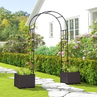 Outsunny 8ft Garden Arch with Two Planters Outdoor Steel Trellis Arbor for Climbing Plants, Weddings, Party, Brown, Black(m-10)