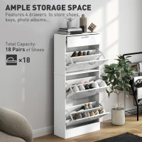 HOMCOM 3 Flip Drawer Shoe Cabinet, Marble-Effect Narrow Shoe Storage Cabinet with Top Drawer and Adjustable Shelves, White(m-4)