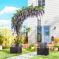Outsunny 8ft Garden Arch with Two Planters Outdoor Steel Trellis Arbor for Climbing Plants, Weddings, Party, Brown, Black(m-1)