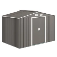 Outsunny 9' x 6' Outdoor Storage Shed, Garden Tool House with Foundation Kit, 4 Vents and 2 Easy Sliding Doors for Backyard, Patio, Garage, Lawn, Gray(m-1)