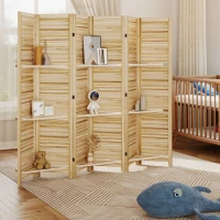 HOMCOM 6 Panel 67" Tall Wood Privacy Screen Room Divider with 3 Shelves and Folding Storage for Bedroom, Natural Wood(m-9)