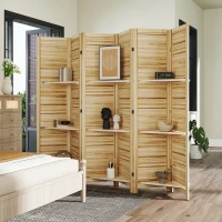 HOMCOM 6 Panel 67" Tall Wood Privacy Screen Room Divider with 3 Shelves and Folding Storage for Bedroom, Natural Wood(m-8)