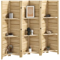 HOMCOM 6 Panel 67" Tall Wood Privacy Screen Room Divider with 3 Shelves and Folding Storage for Bedroom, Natural Wood(m-11)