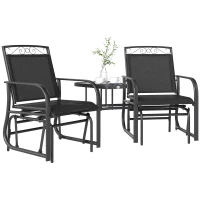Outsunny Outdoor Glider Bench with Coffee Table, Patio 2-Seat Rocking Chair Swing Loveseat with Breathable Sling for Backyard Garden Porch, Black(m-11)