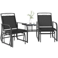 Outsunny Outdoor Glider Bench with Coffee Table, Patio 2-Seat Rocking Chair Swing Loveseat with Breathable Sling for Backyard Garden Porch, Black(m-2)