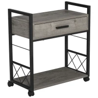 HOMCOM Industrial End Table with Drawer and Bottom Shelf, Mobile Side Table with 4 Wheels for Living Room,Grey(m-1)