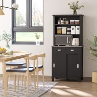 HOMCOM 67" Freestanding Buffet with Hutch, Kitchen Pantry Storage Cabinet with Sliding Doors, Drawers and Open Shelves, Adjustable Shelving, Black(m-4)
