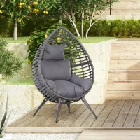 Outsunny Outdoor/Indoor Rattan Chair with Soft Cushion, Wicker Egg Lounge Chair for Backyard Garden Balcony Lawn, Grey(m-1)