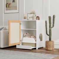 PawHut Cat Litter Box Enclosure, Hidden Litter Box Furniture with Pull-Out Tray, Storage Cabinet, Scratching Mat, Oak