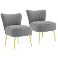 HOMCOM Velvet Lounge Chairs Set of 2, Modern Accent Chairs for Living Room with Gold Steel Legs and Tufting Backrest, Grey(m-11)